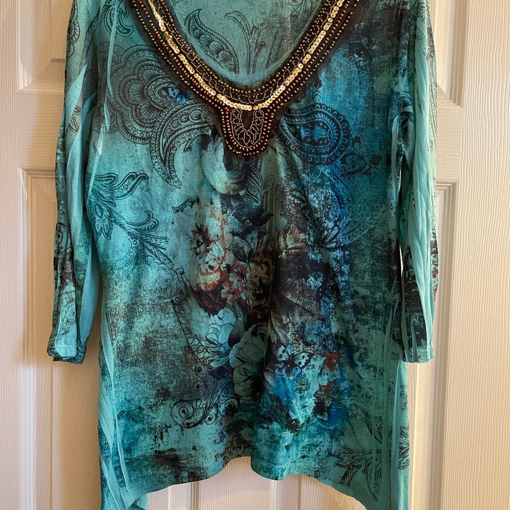 Roz & Ali Turquoise Patterned Blouse with Embellished Neckline